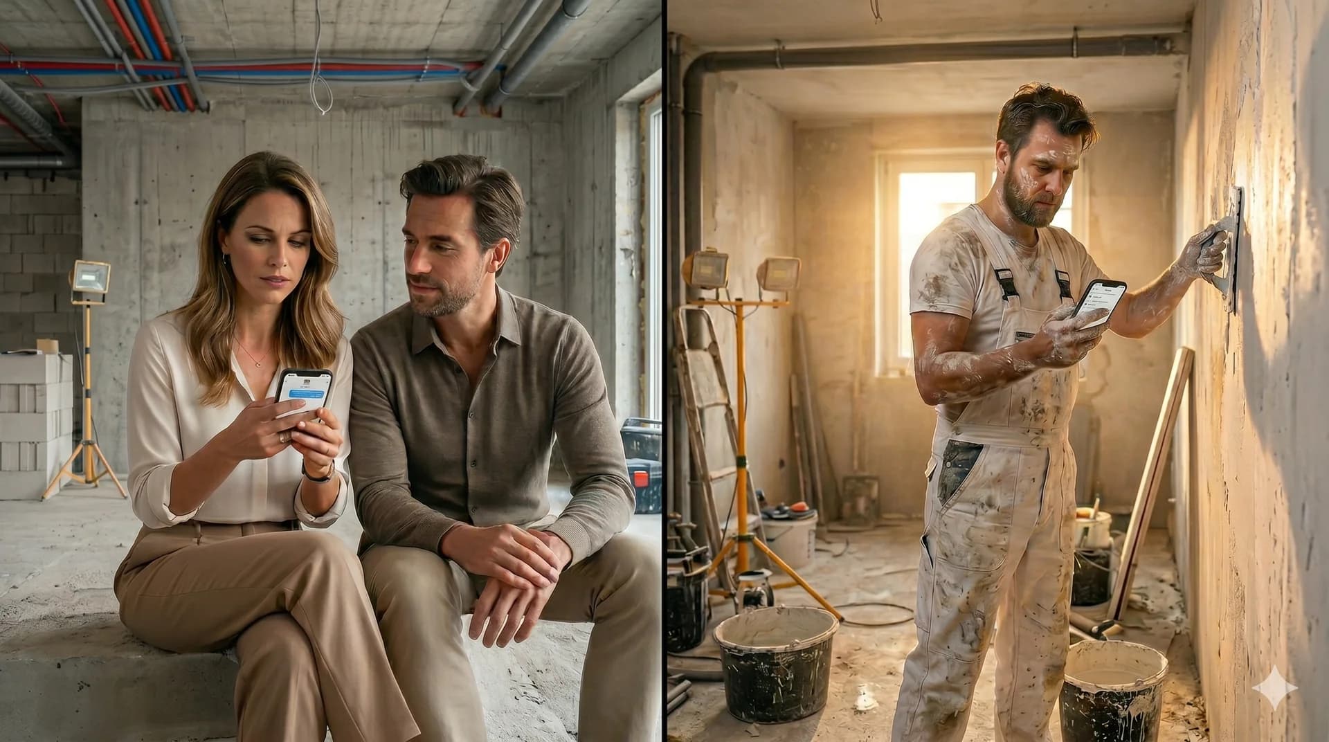 Vakman en stel bekijken verbouwplan op locatie