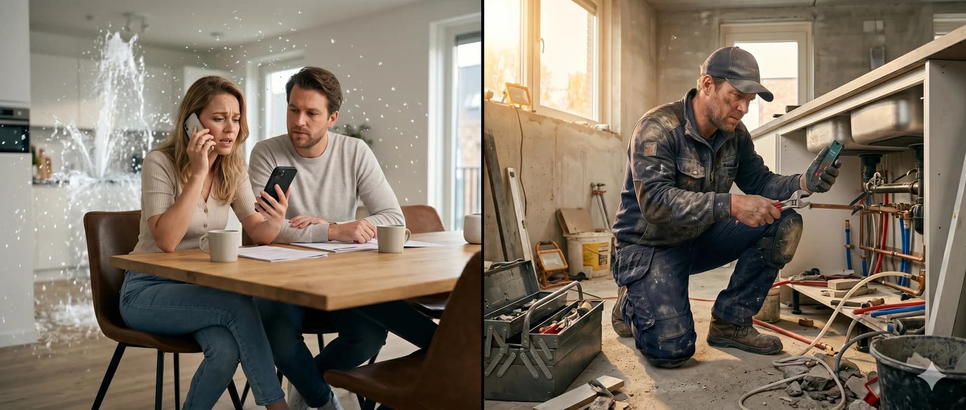 Stel belt aannemer bij lekkage terwijl loodgieter aan het werk is